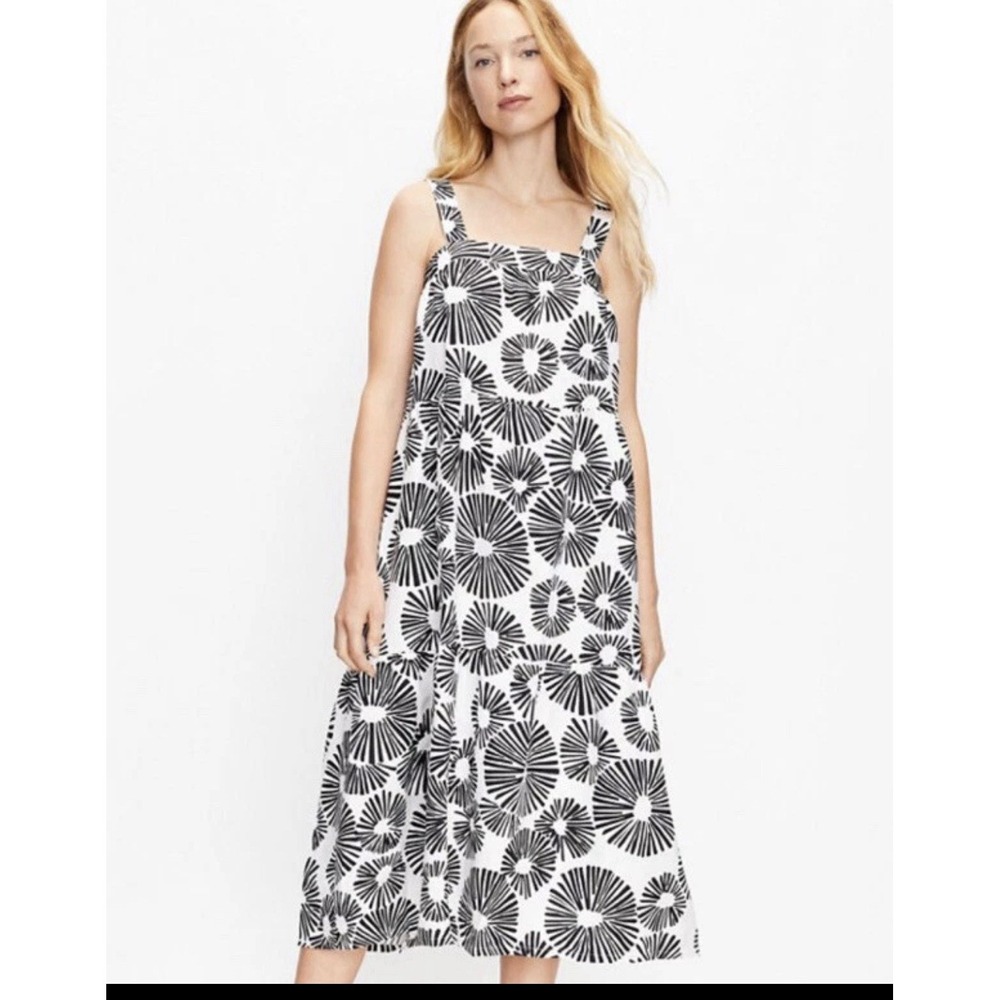 LOFT‎ Petites Black White Sunburst Linen Blend Tiered Midi Dress XSP XS Petite